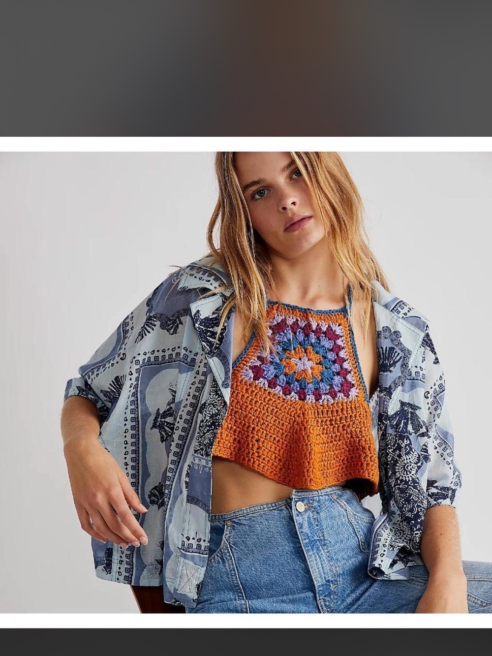 FREE PEOPLE We The Free Paisley Patchwork Ocean Crop Button Up Shirt Jacket Larg